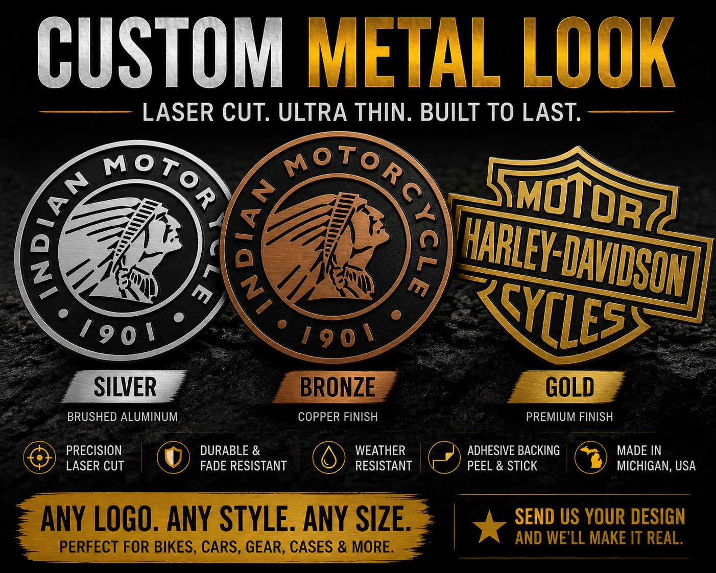Custom Laser Cut Emblem Your Design Brushed Aluminum Metal Look Any Size USA