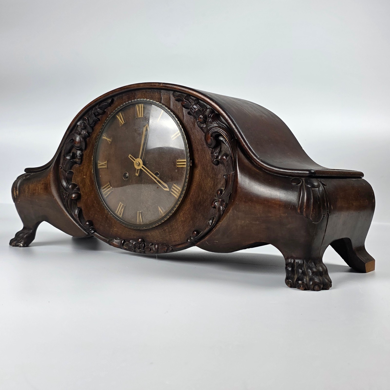 c. 1910 Antique German Carved Walnut Napoleon Hat Mantel Clock Probable Junghans