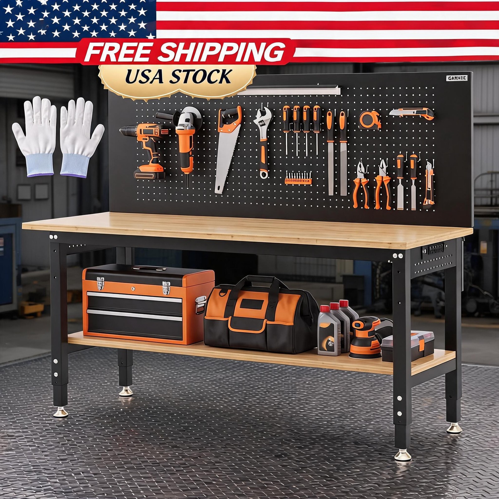 Garvee 60 * 22 Garage Work Bench with Storage, Pegboard & Power Strip 2000 lbs Garvee 60 * 22 Garage Work Bench with Storage, Pegboard & Power Strip 2000 lbs