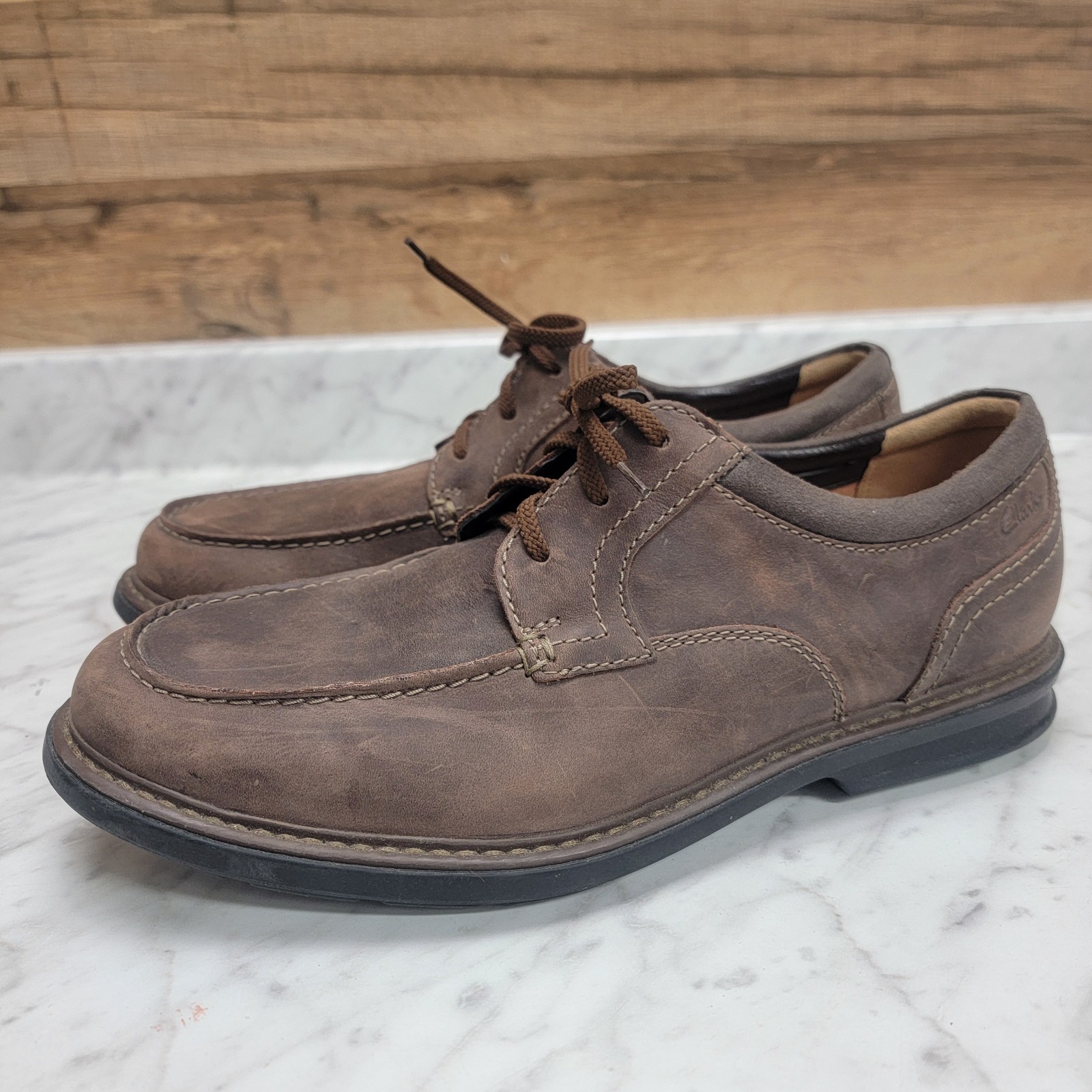 Clarks Leather Mens Shoes 10.5M, brown casual lace up Comfort Moc Toe