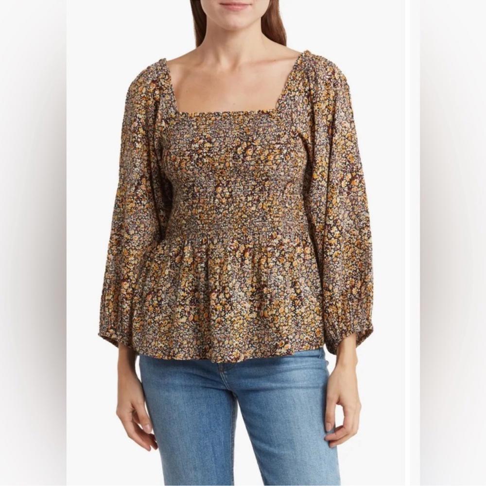 Madewell Women\'s Lucie Floral Smoked Top Size 4 Black Yellow Balloon Long Sleeve