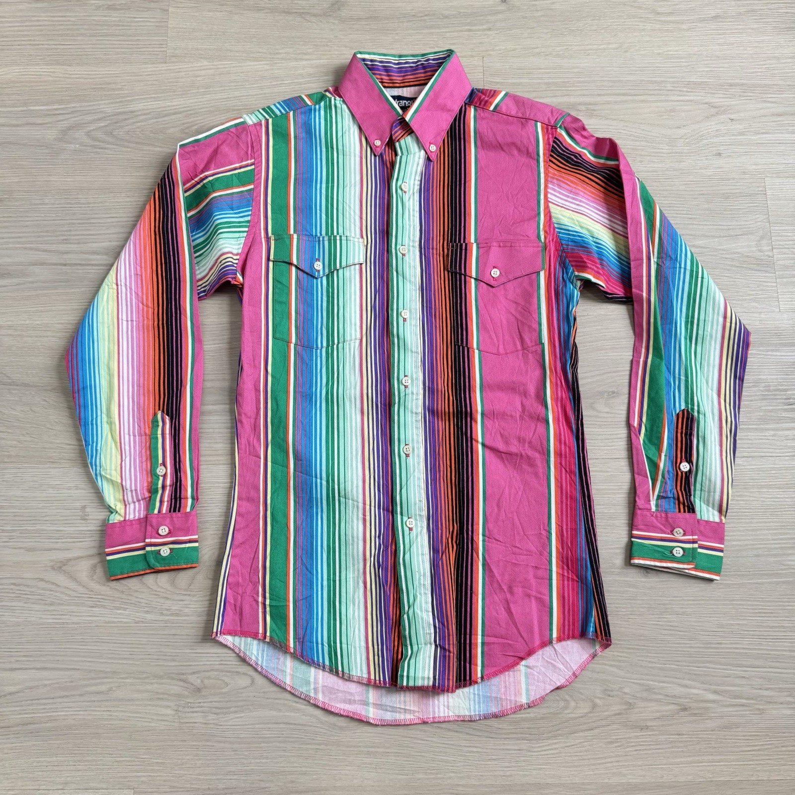 Vtg Wrangler Brushpopper Pink Bright Striped Shirt Sz 14 33 Western Cowboy USA
