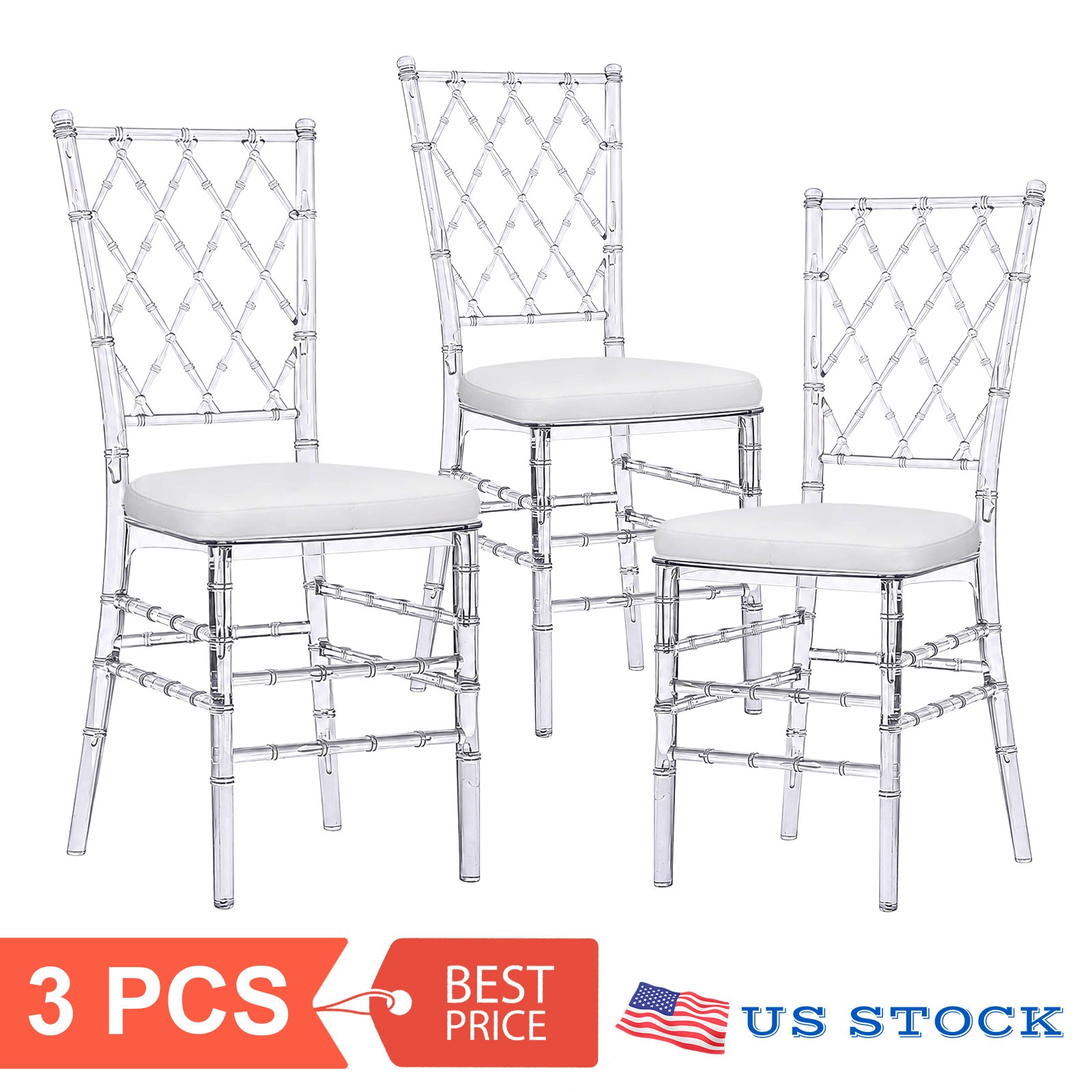Set of 3 Elegant Acrylic Chiavari Dining Chairs with Cushions for Weddings Party