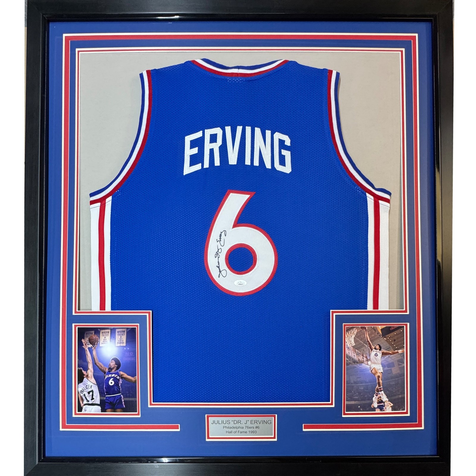 Framed Autographed/Signed Julius Erving Dr. J 35x39 Blue Jersey JSA COA #2 Framed Autographed/Signed Julius Erving Dr. J 35x39 Blue Jersey JSA COA #2