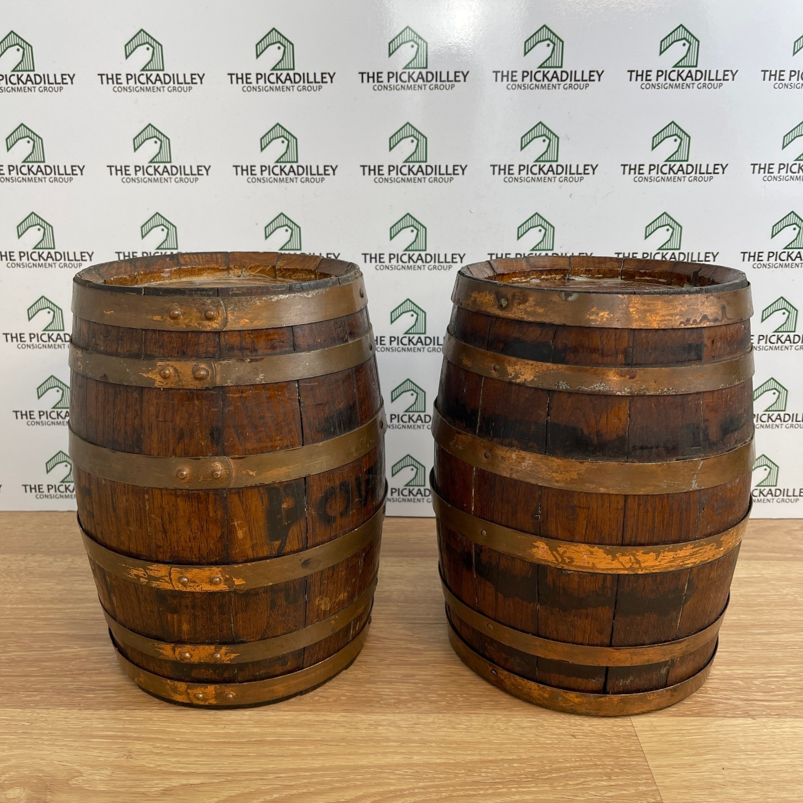 Vintage Rustic Wooden Whiskey Barrels Set of 2 Medieval Graphic Tops 12 Inch