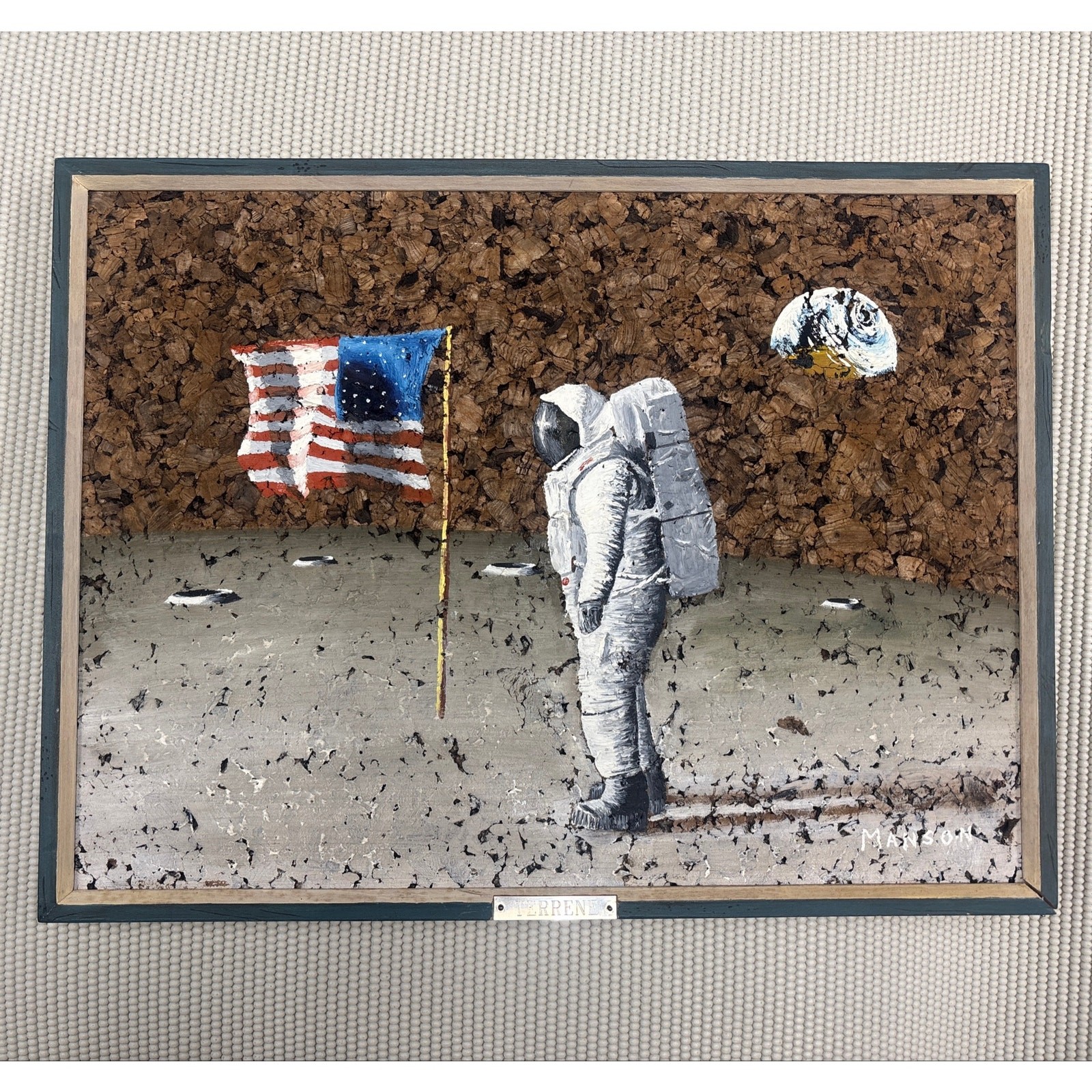 Vintage 1970 Space Age Moon Landing Painting Cork Art AL Manson Terrene 17x13