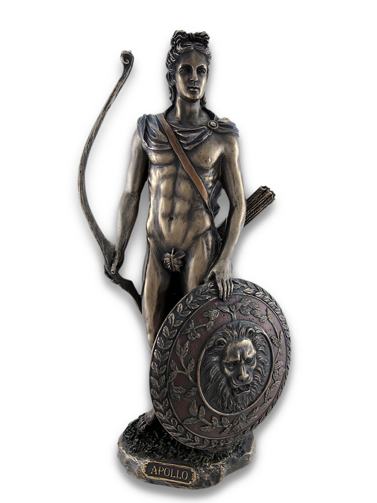 Roman Greek God Apollo with Shield and Bow Bronzed Statue