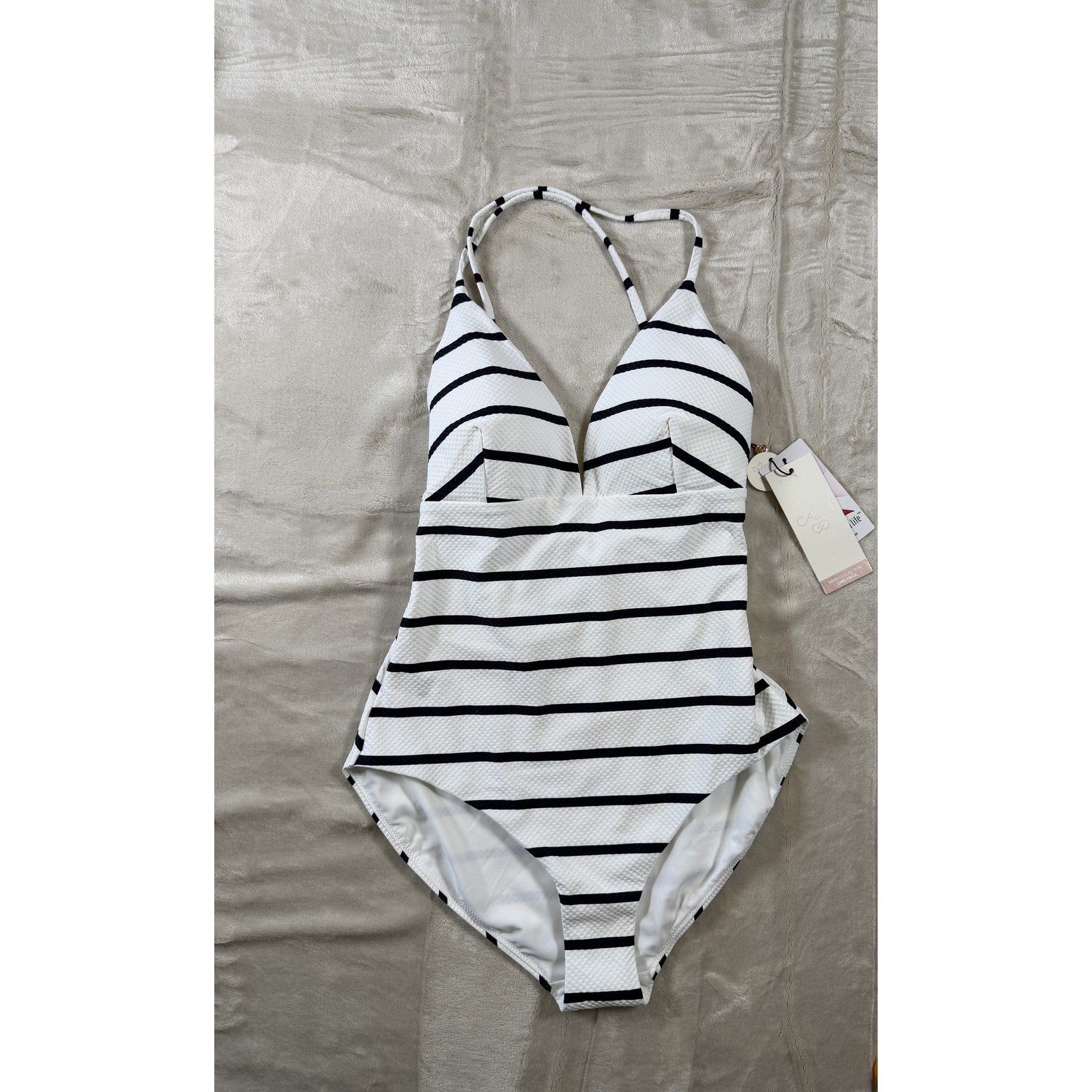 CALIA NWT Womens 6 One Piece Swimsuit White Blue Stripe Tummy Control Strappy