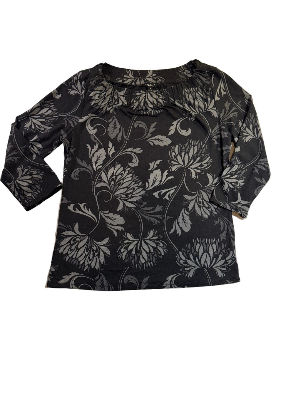 Women\'s Talbots Long Sleeve Floral Tee Black Grey Size M