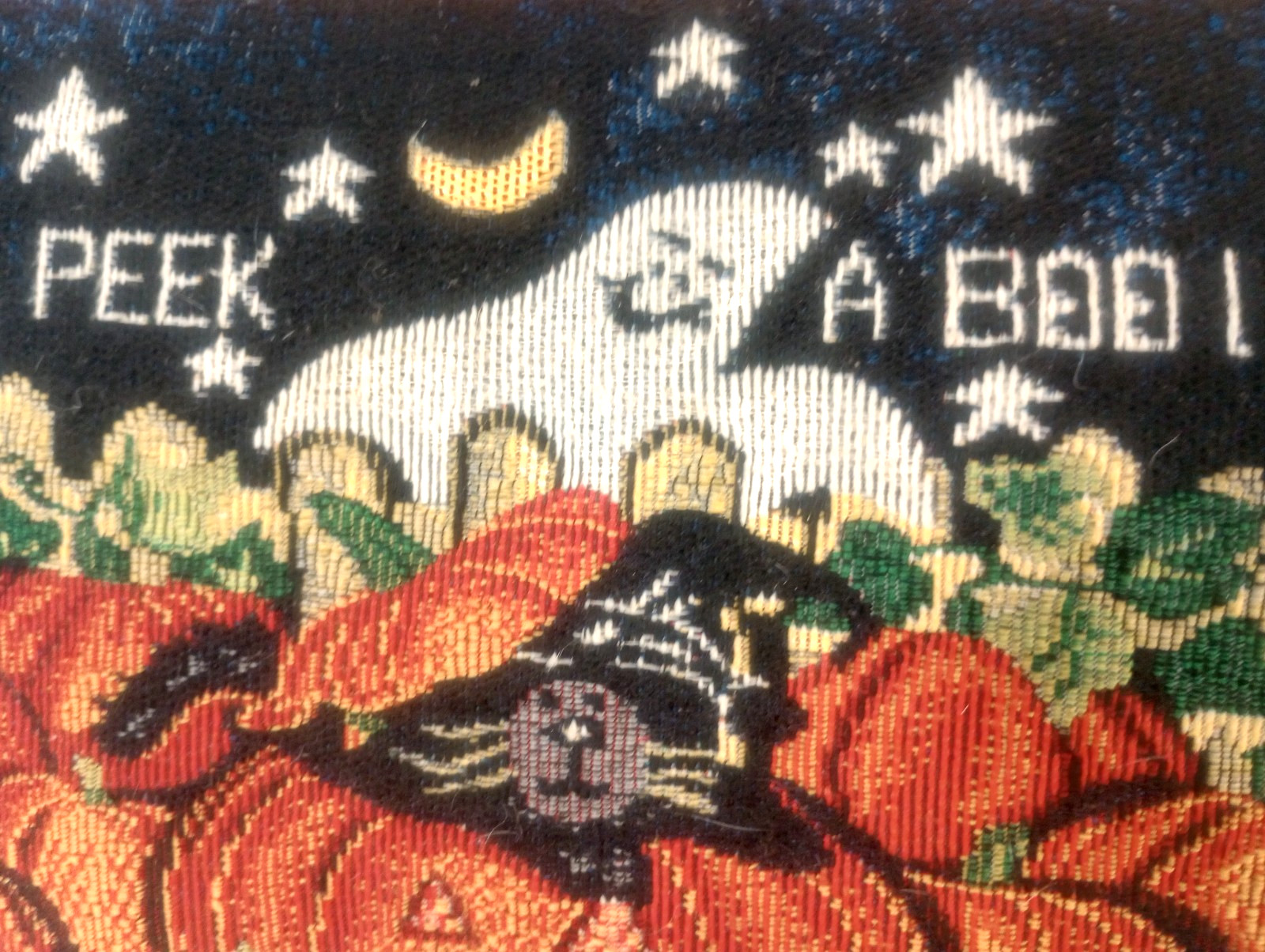 Halloween Needlepoint Tapestry Peek A Boo Throw Pillow Black Cat Jack O Lantern 