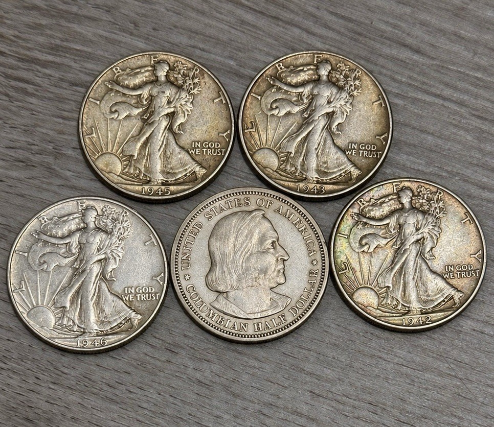 5 Half Dollars 90% Silver 4 Walking Liberty Circ Toned & 1892 Columbian Expo 50C 5 Half Dollars 90% Silver 4 Walking Liberty Circ Toned & 1892 Columbian Expo 50C