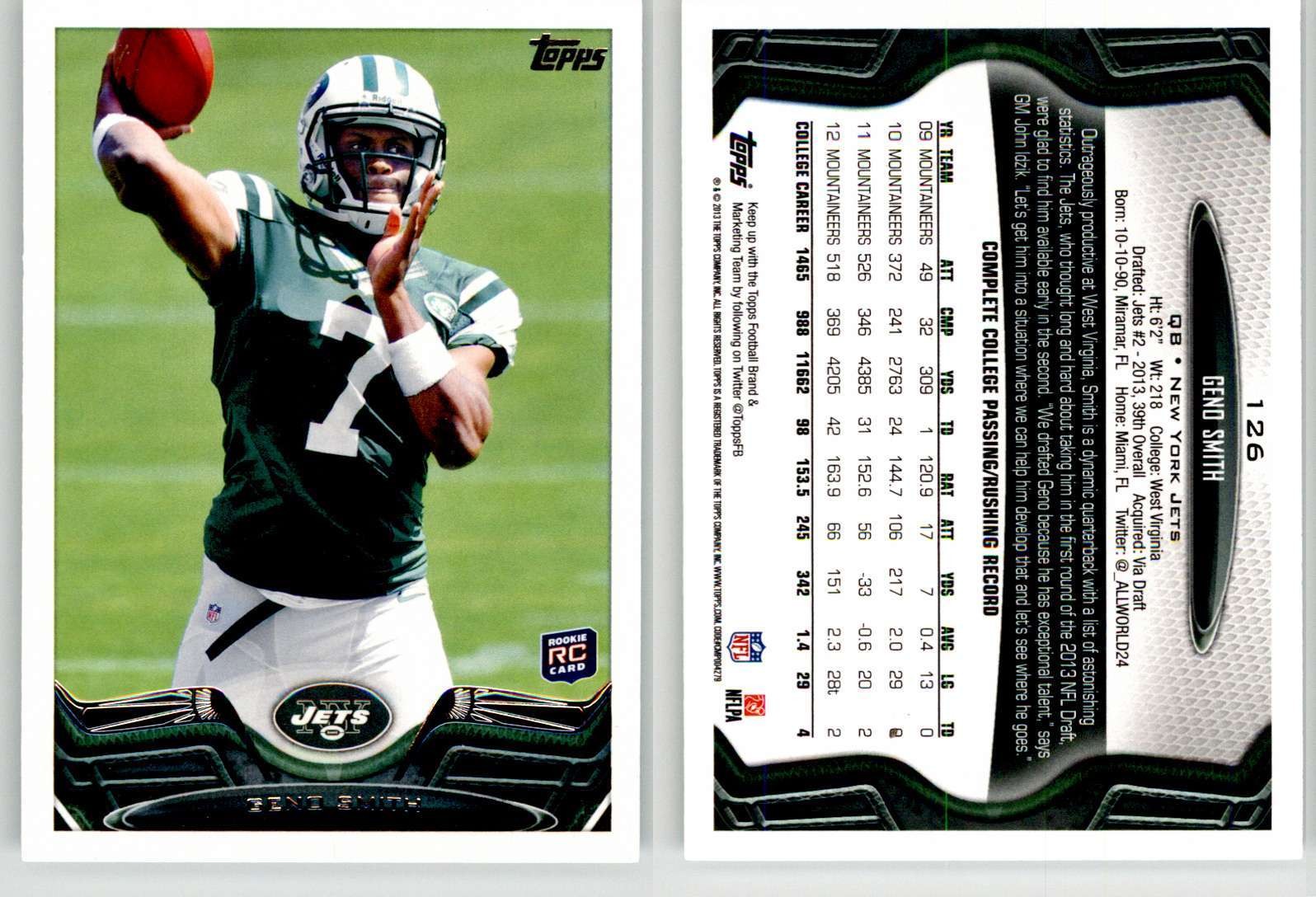 Geno Smith 2013 Topps #126 WVU Jets Raiders RC Rookie