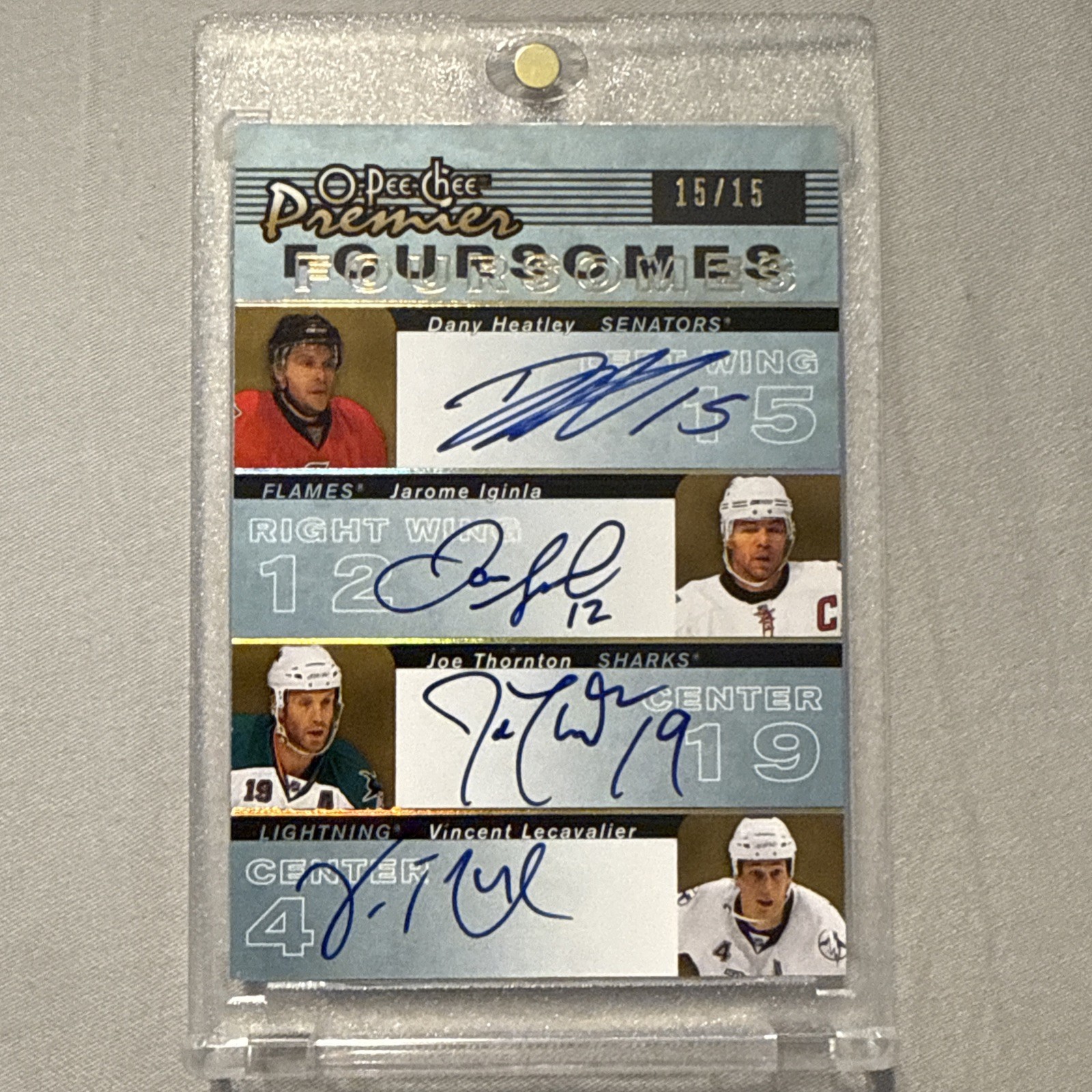 2007-08 O-Pee-Chee Premier Quad Auto Heatly Iginla Thornton Lecavalier 15/15 SP 2007-08 O-Pee-Chee Premier Quad Auto Heatly Iginla Thornton Lecavalier 15/15 SP