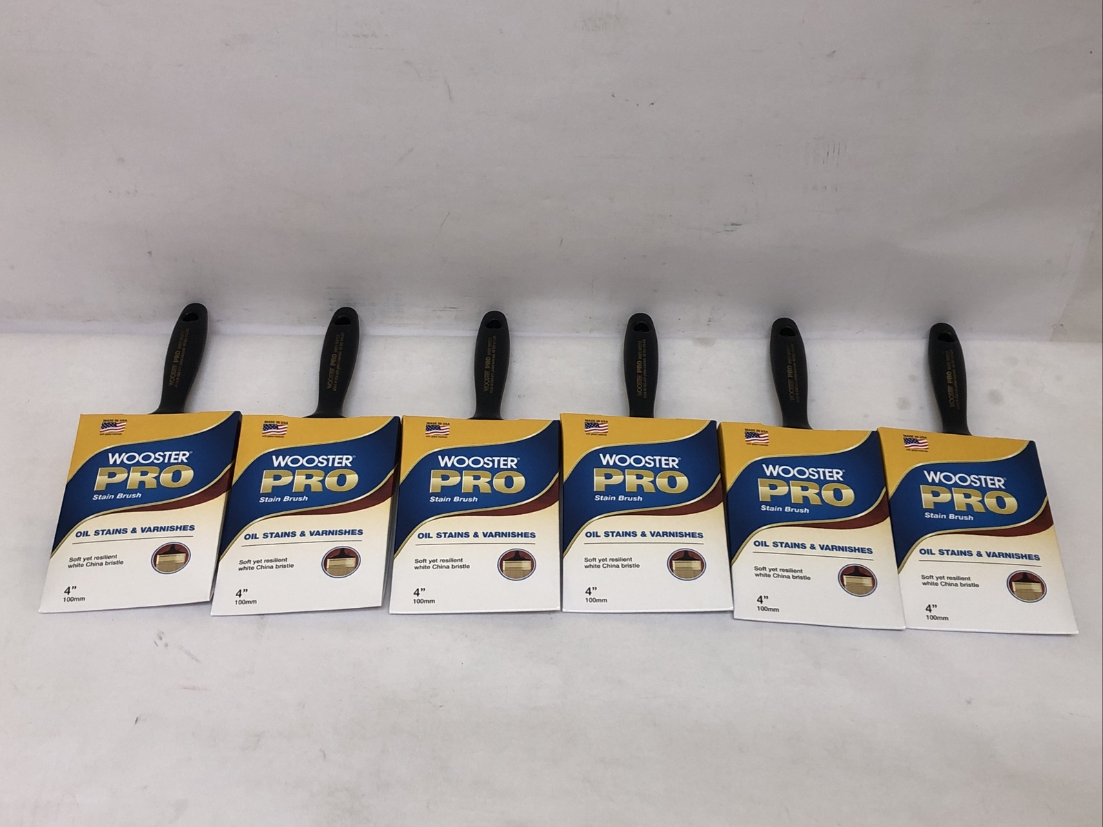 Lot Of (6) Wooster Pro 4” White Bristle Stain Flat Brush 100mm Lot Of (6) Wooster Pro 4” White Bristle Stain Flat Brush 100mm