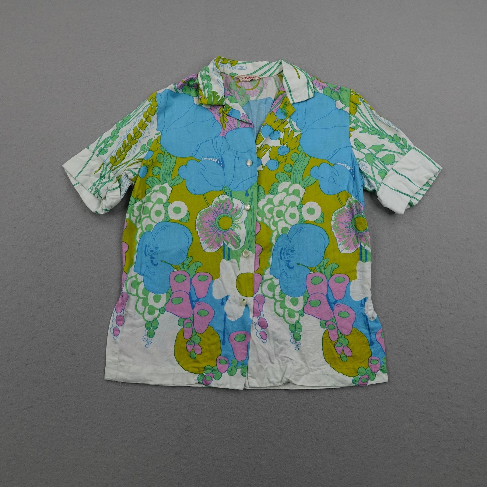Vintage Graff Shirt Womens Medium Blue Psychedelic Floral Hawaiian Aloha Top 70s