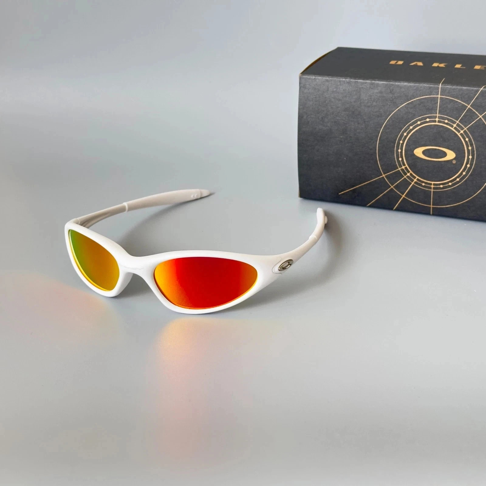 Oakley Eye Jacket 1.0 White Frame Fire Red Iridium Lenses Vintage Sunglasses