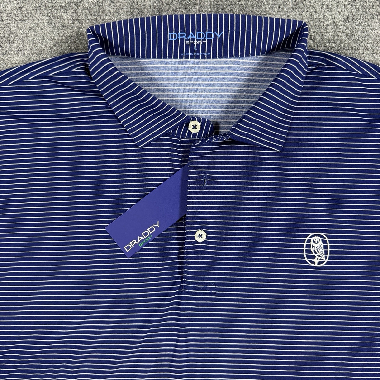 Draddy Sport Old Barnwell Golf Polo Men Large Blue Striped Performance Owl NEW Draddy Sport Old Barnwell Golf Polo Men Large Blue Striped Performance Owl NEW