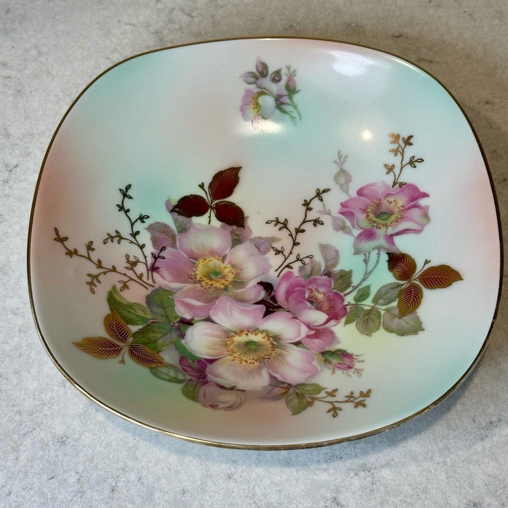 Elegant Vintage Floral Square Plate with Gold Accents Schumann Arzberg Germany