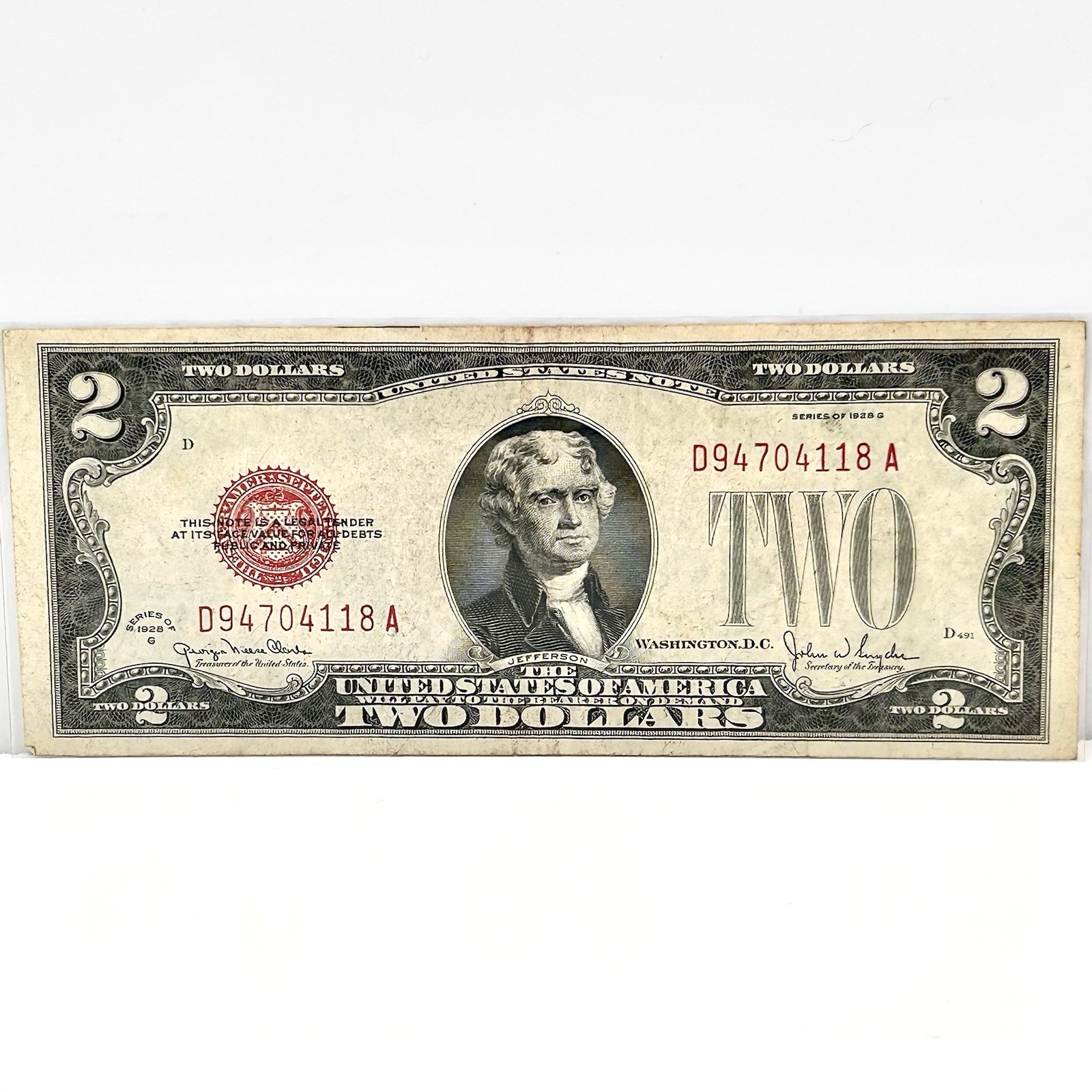 1928 G $2 Two Dollar Bill Red Seal United States Note Jefferson Legal Tender