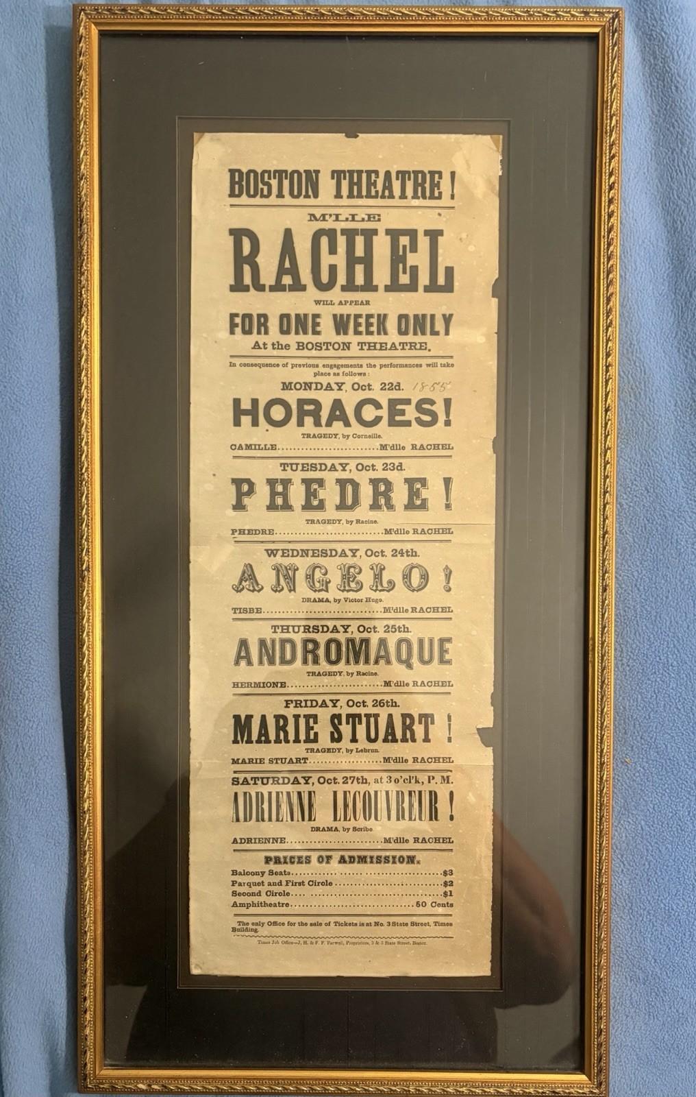 Antique 1855 Boston Theatre Playbill Broadside Mlle Rachel Felix US Tour Framed