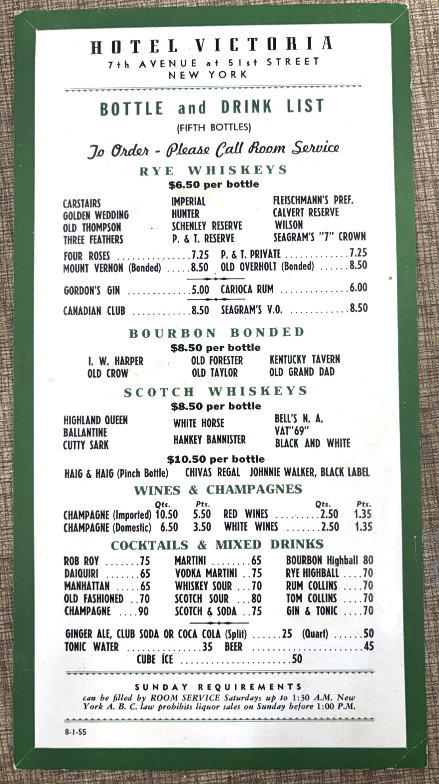 VINTAGE 1955 HOTEL VICTORIA BOTTLE & DRINK LIST Menu NEW YORK CITY 7th Ave 51st VINTAGE 1955 HOTEL VICTORIA BOTTLE & DRINK LIST Menu NEW YORK CITY 7th Ave 51st