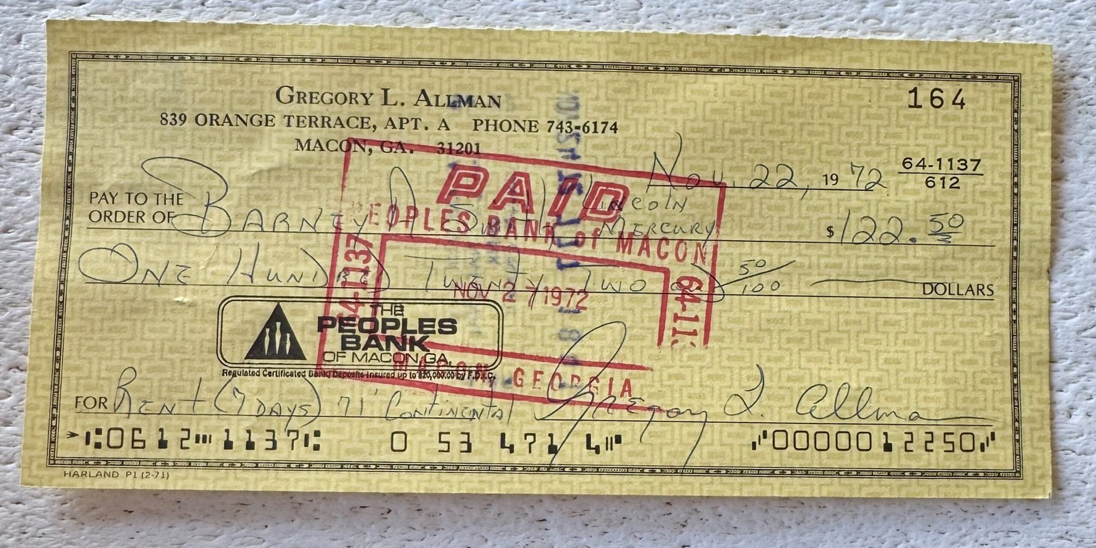 Gregg Allman Signed Check November 22, 1972 Berry Oakley