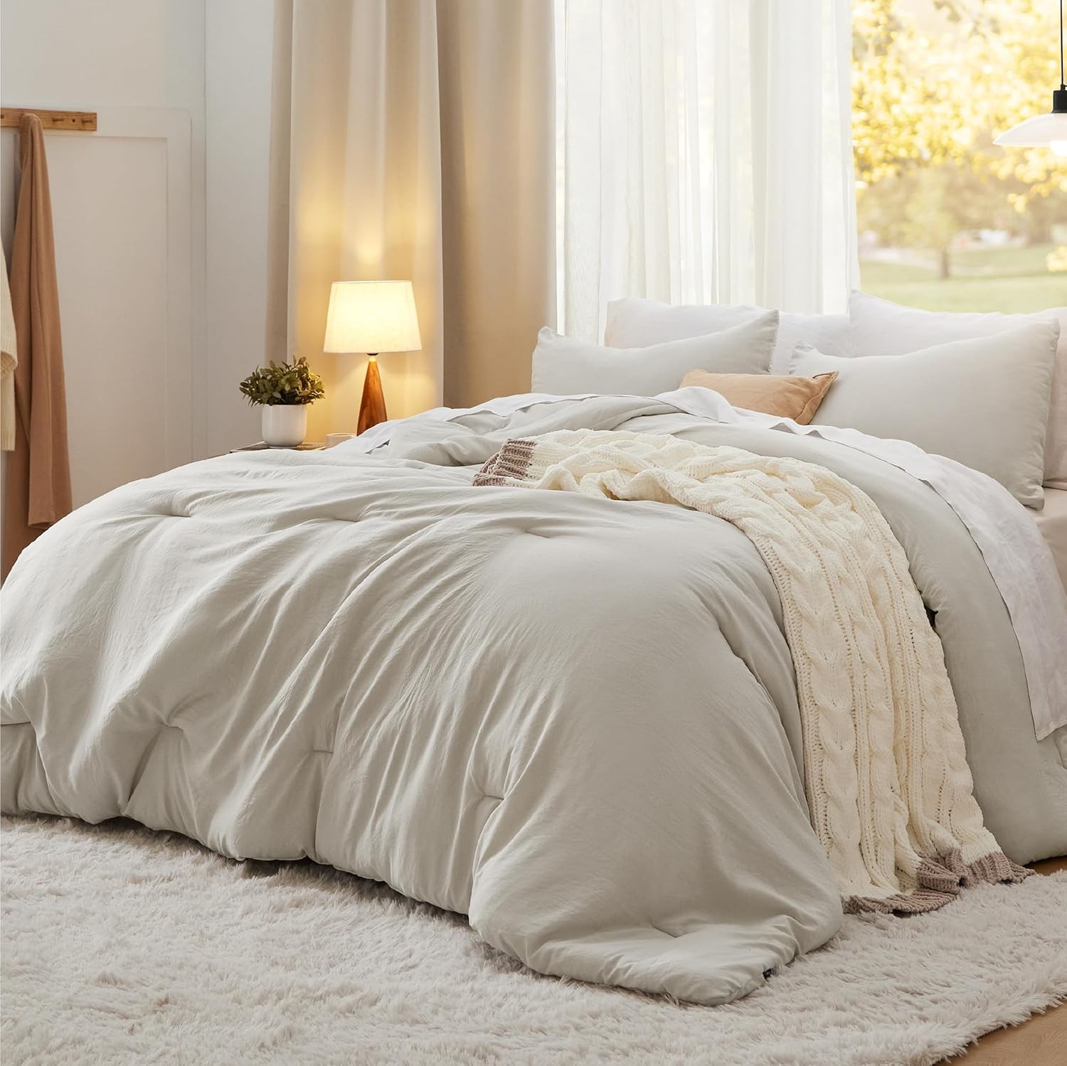 Bedsure King Size Oversized Beige Soft Comforter Set Prewashed Bedding