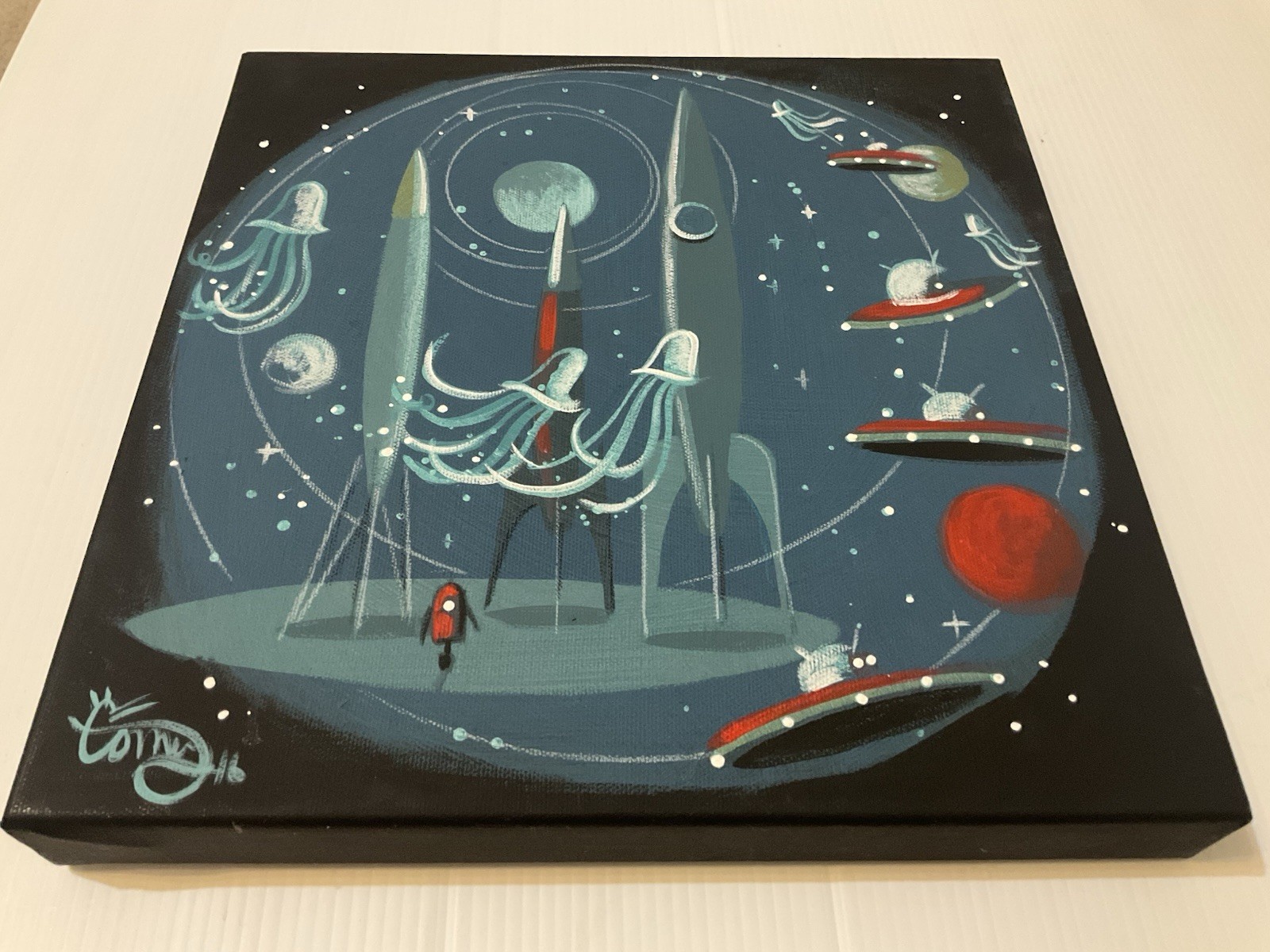 EL GATO GOMEZ PAINTING RETRO ATOMIC SAUCER ROCKET PLANET MID-CENTURY
