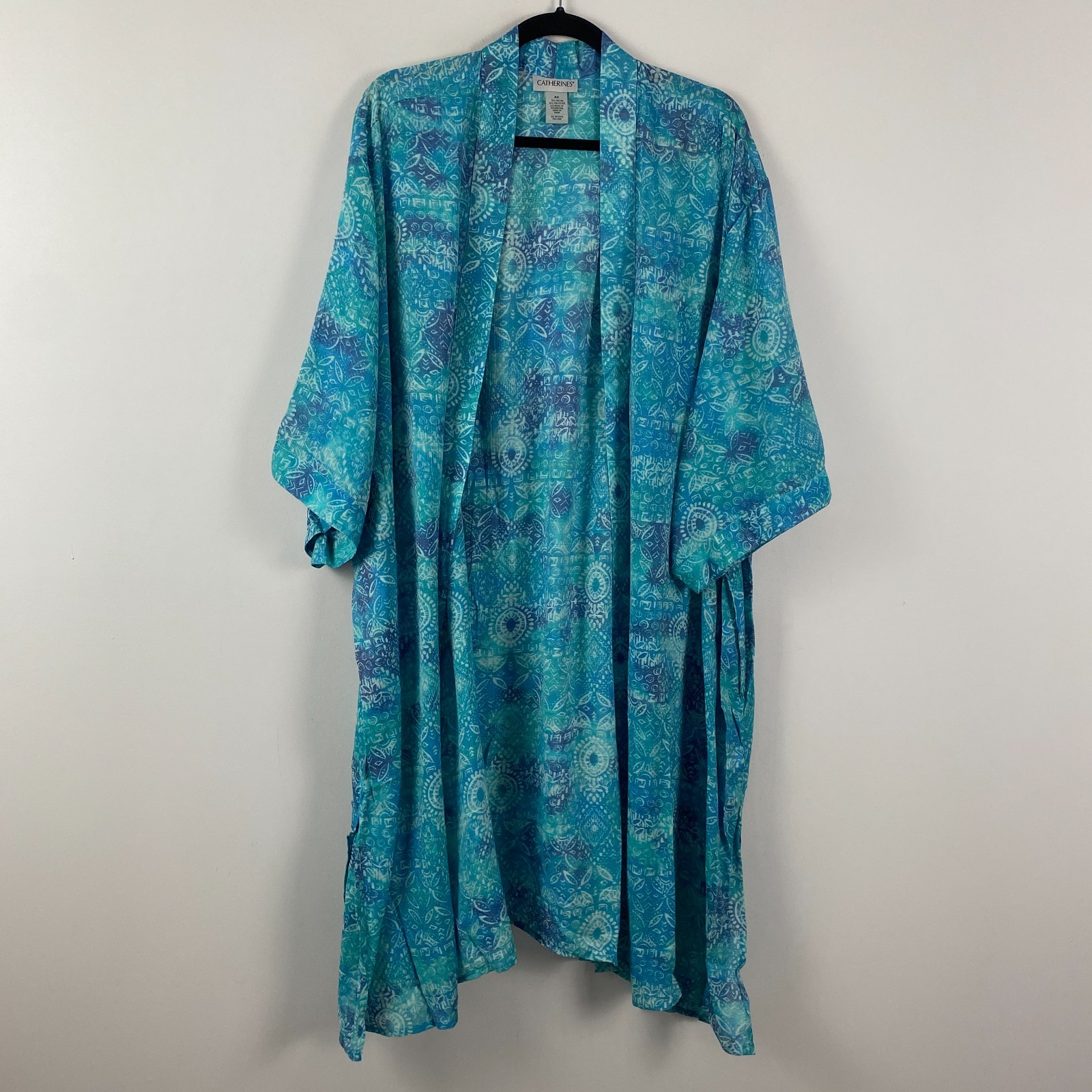Catherines Open Front Kimono Cardigan Size 4X Blue Turquoise 3/4 Sleeves Catherines Open Front Kimono Cardigan Size 4X Blue Turquoise 3/4 Sleeves
