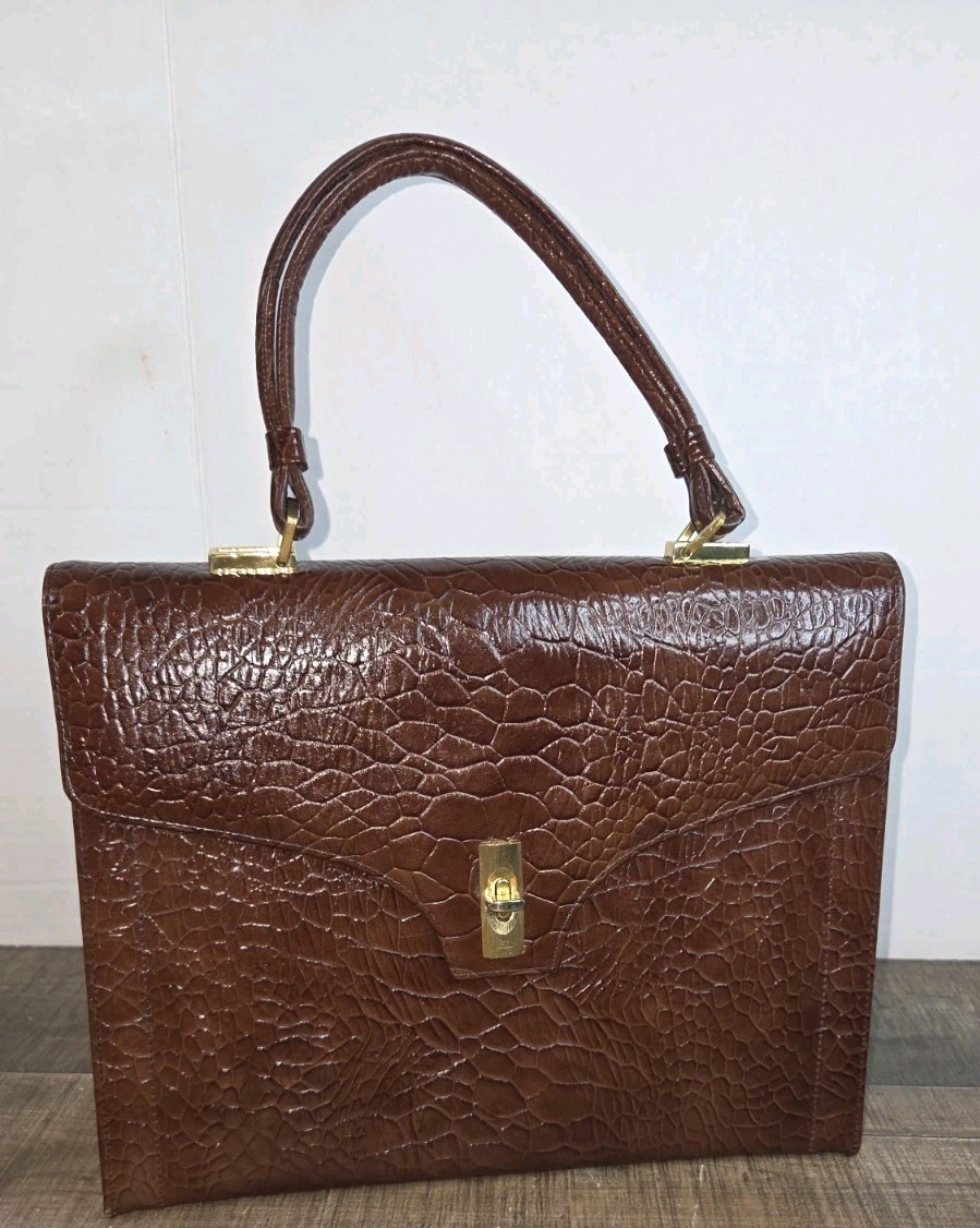 Vtg Sheldon Original Brown Croc Embossed Handbag 60s Structured Top Handle MCM