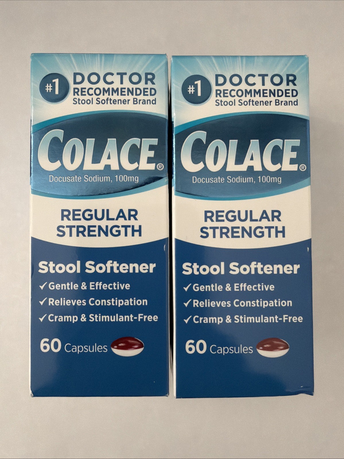 2 X Colace Regular Strength Stool Softener - 100 mg Capsules 60 Exp 2028+ 2 X Colace Regular Strength Stool Softener - 100 mg Capsules 60 Exp 2028+