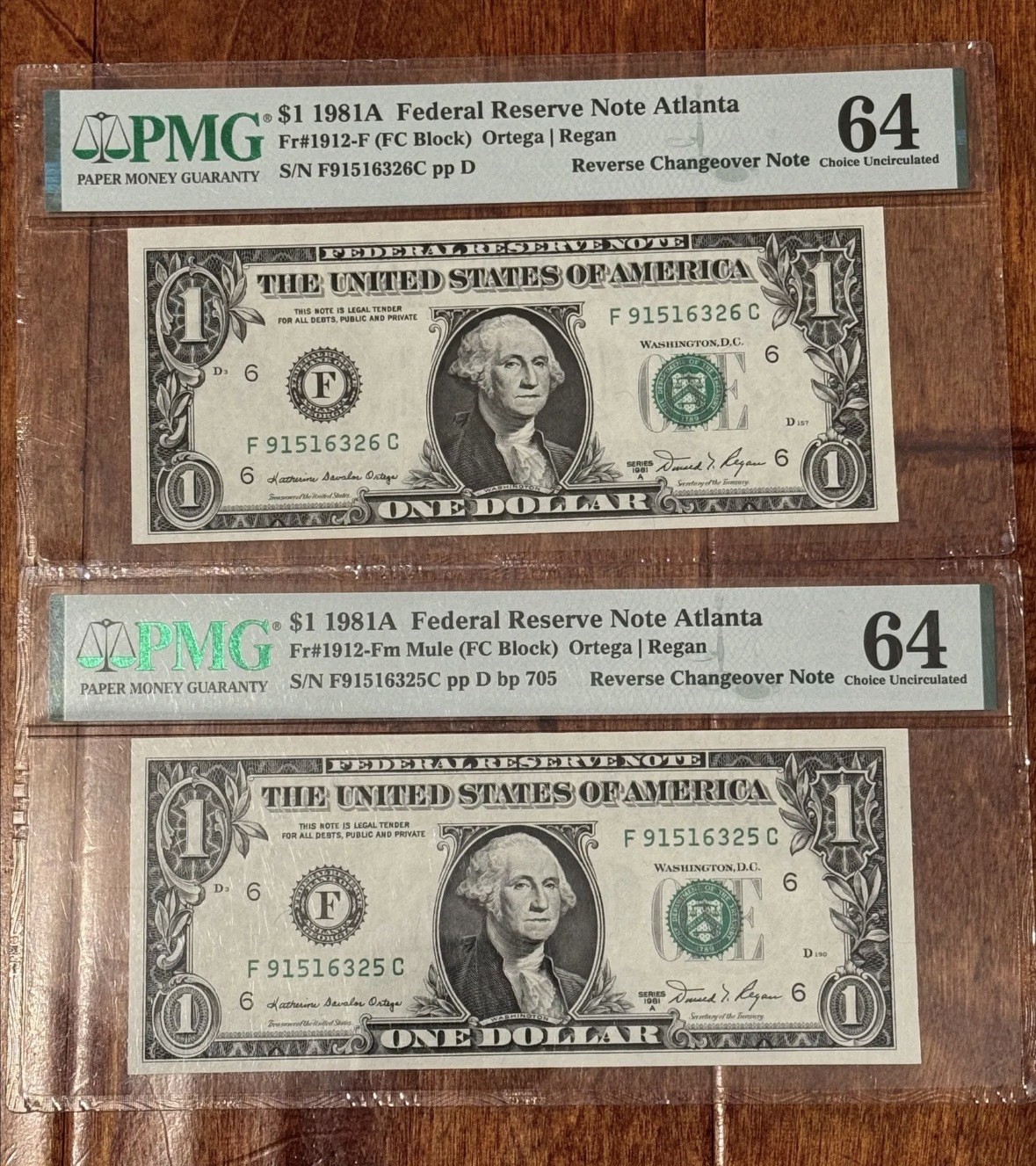 1981 A Federal Reserve Note Atlanta US $1 Mule & Change Over Pair PMG 64 Choice 1981 A Federal Reserve Note Atlanta US $1 Mule & Change Over Pair PMG 64 Choice