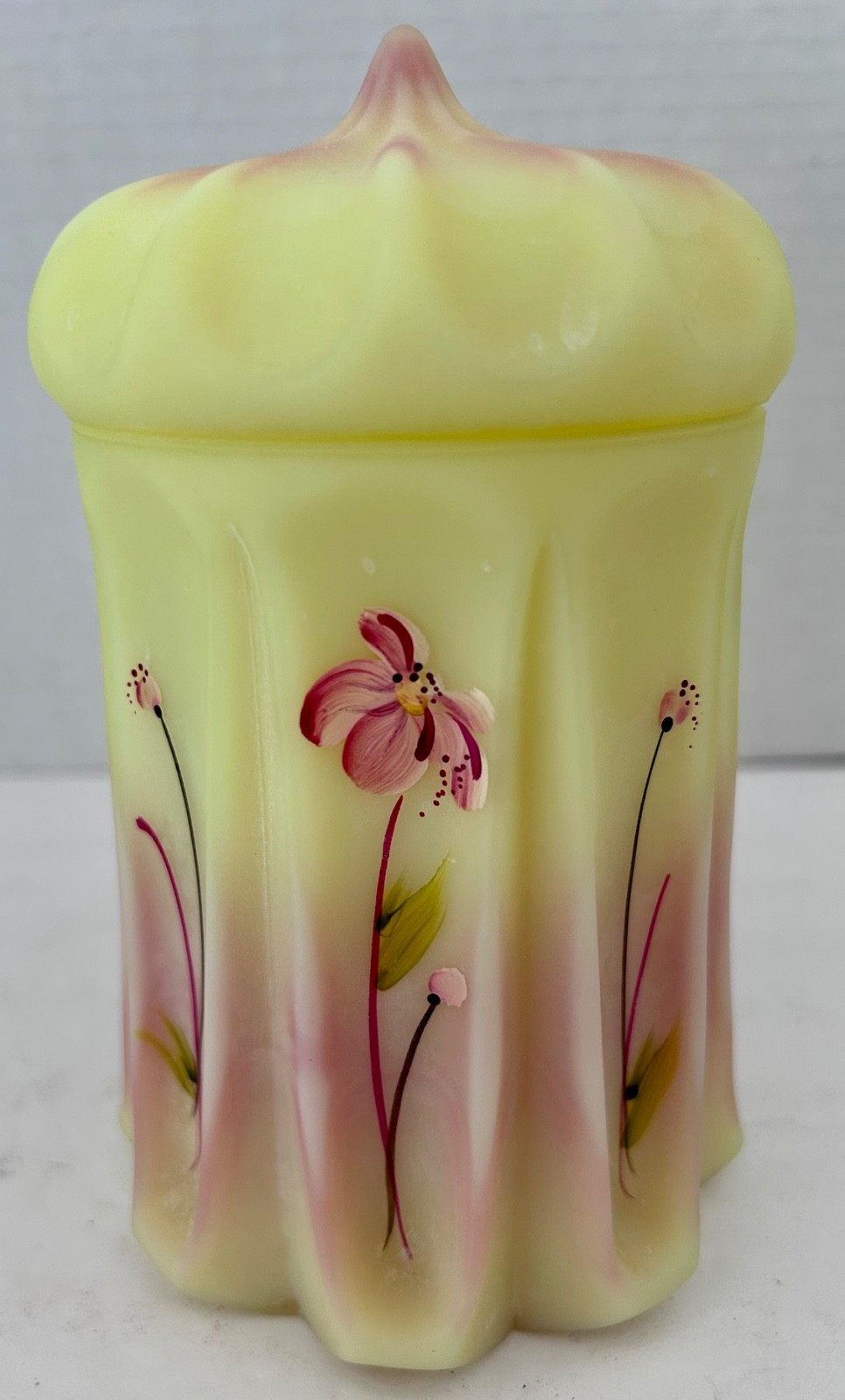Fenton Burmese Floral Satin Glass Uranium Persian Tent Box 6 Fenton Burmese Floral Satin Glass Uranium Persian Tent Box 6