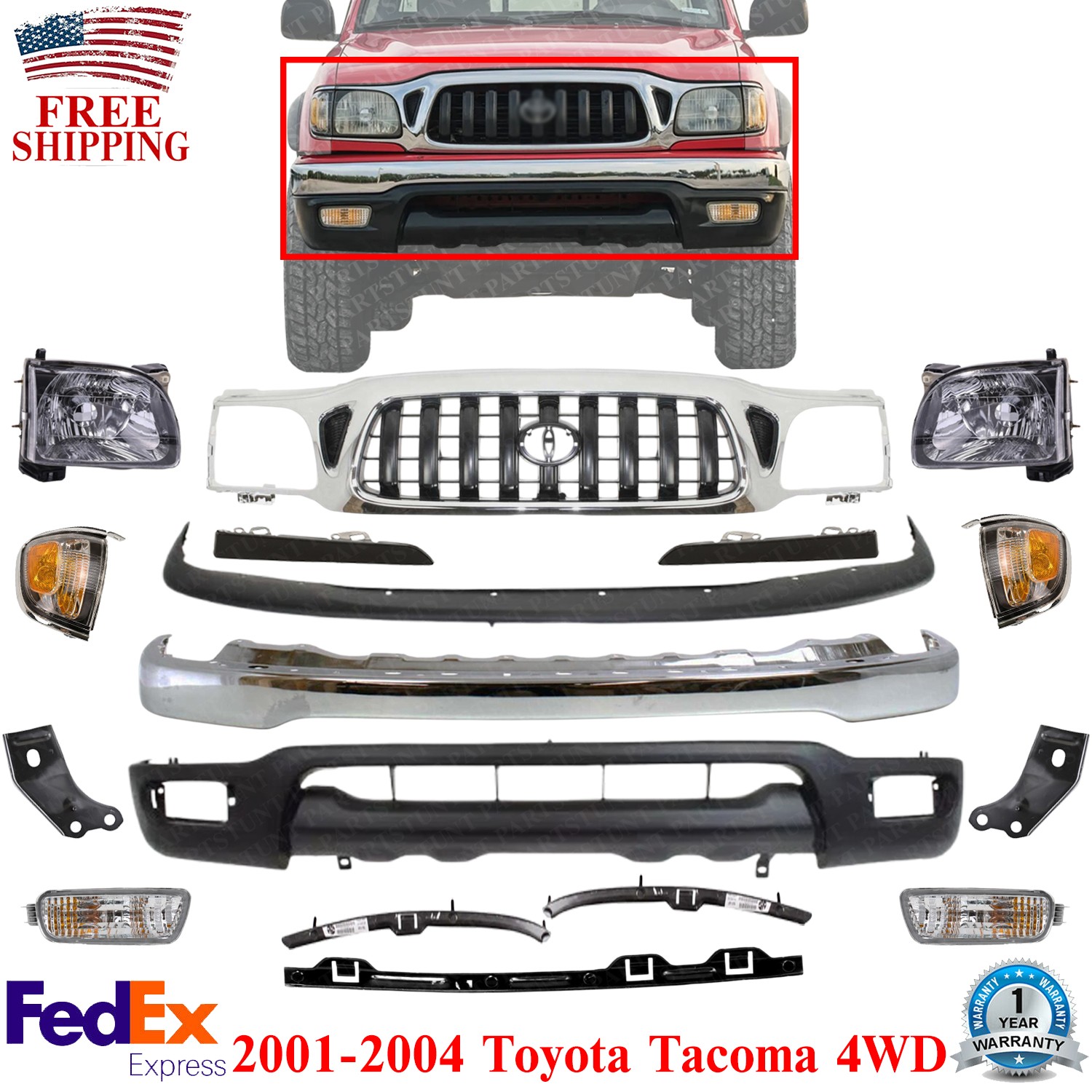 NEW Front Chrome Bumper Kit w/ Grille Assembly For 2001-2004 Toyota Tacoma 4WD