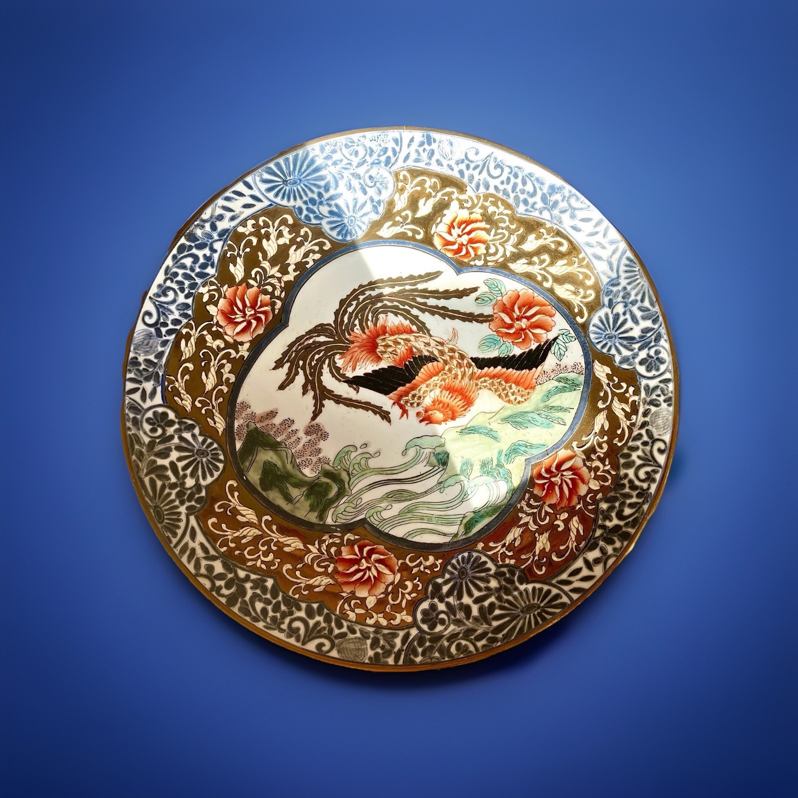 Large 18” Antique Japanese Imari Charger Plate Meiji - Numbered, Rare Phoenix