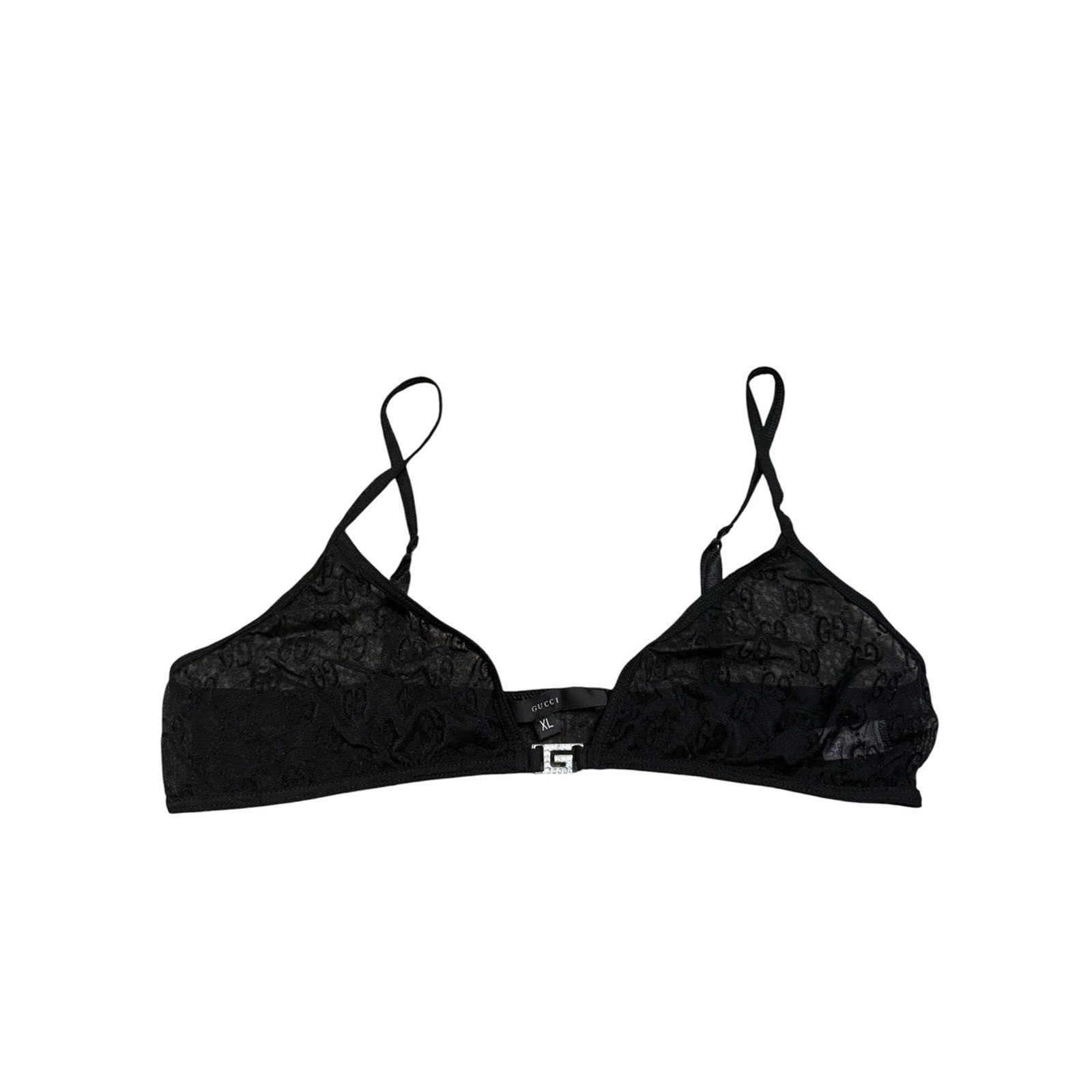 Vintage 1998 Tom Ford Gucci GG Monogram Rhinestone Black Sheer Lace Bra XL