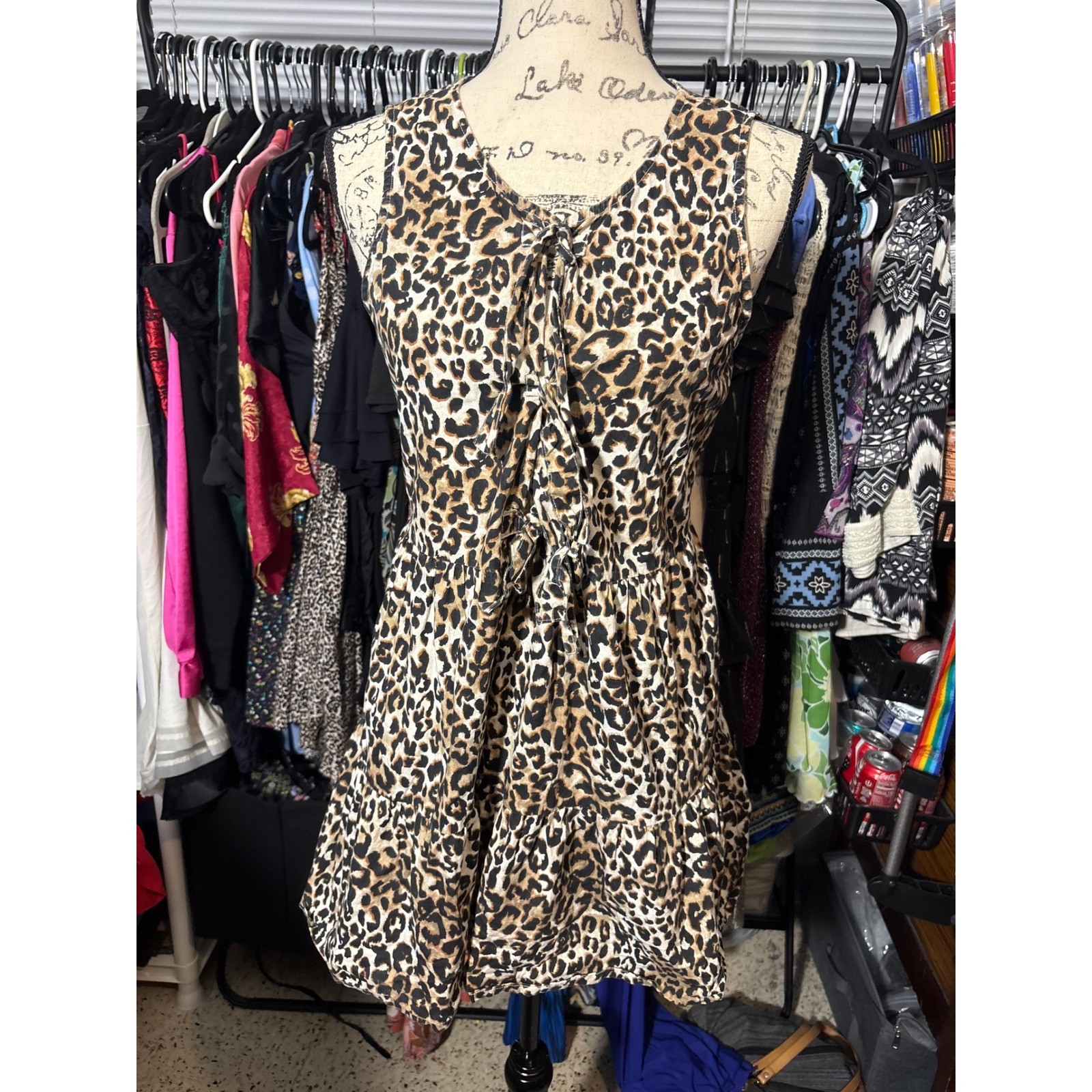 Japna Leopard Print Tiered Mini Dress Sleeveless Cotton Tie Front Brown Large