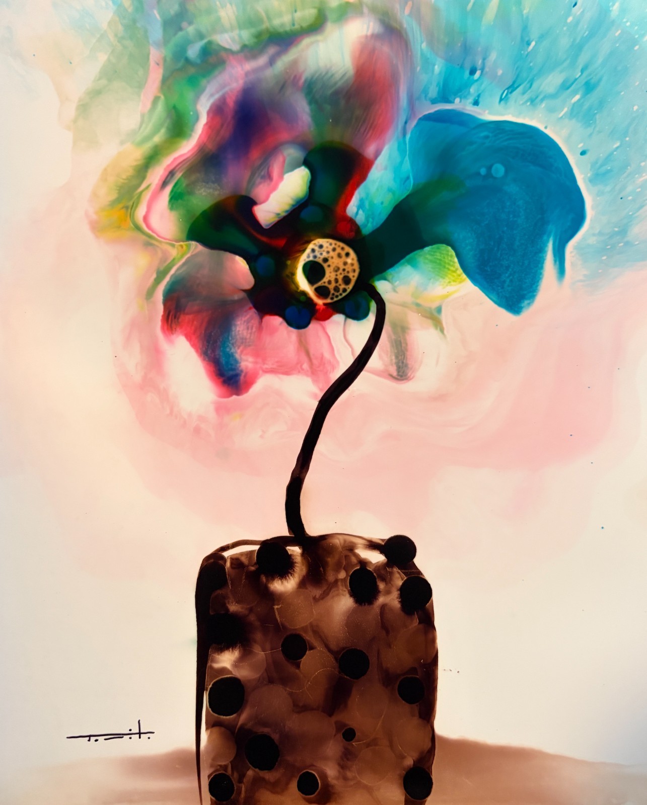 Tonito Original Painting.Incredible Organic fluid ink art.BLUE Petal Flower