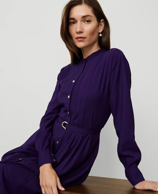 Ann Taylor Purple Pleated Shirt Dress Long Sleeve With Belt, 8