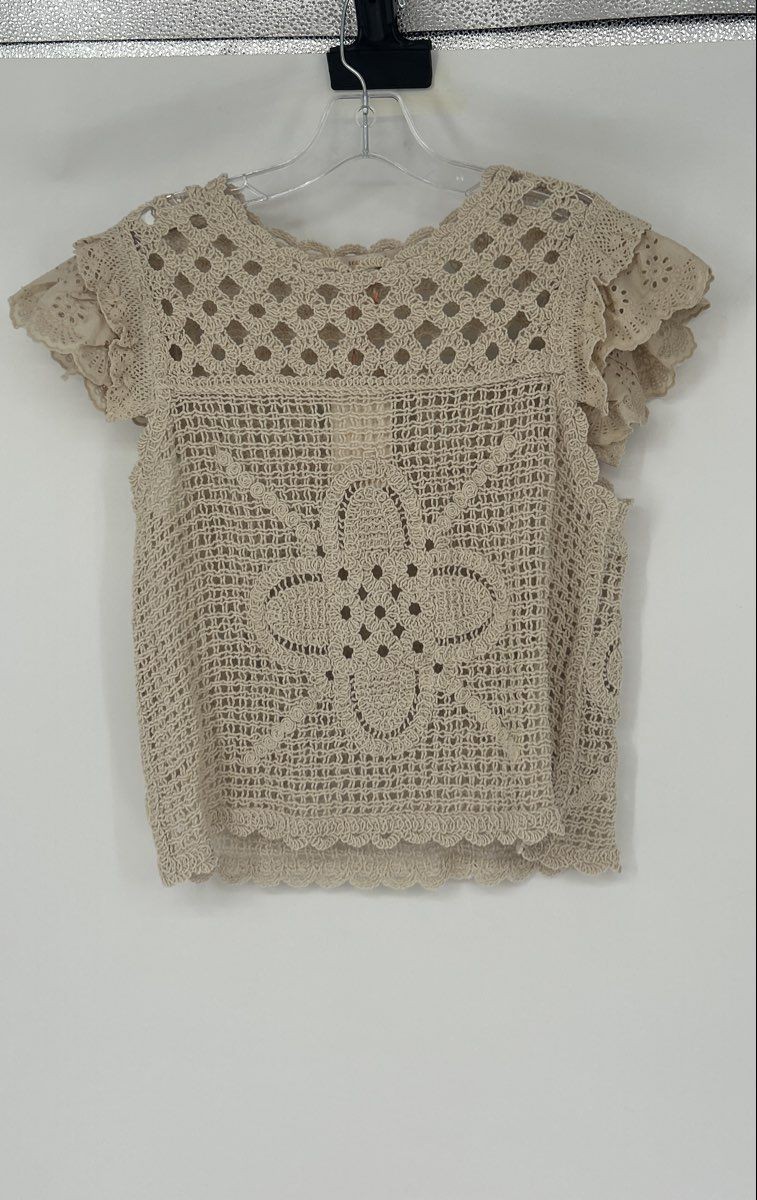 Skies Are Blue Womens Beige Cotton Short Sleeve Knitted Blouse Top Size Medium