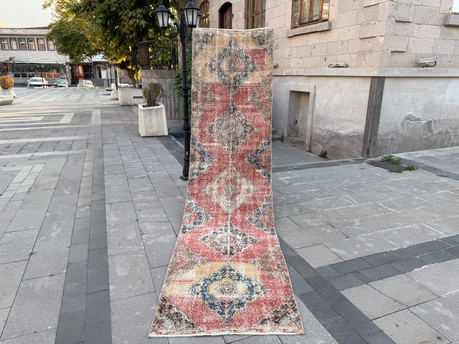 Vintage Turkish Runner Rug 3x12.2 ft Faded Red Blue Wool Distressed Carpet