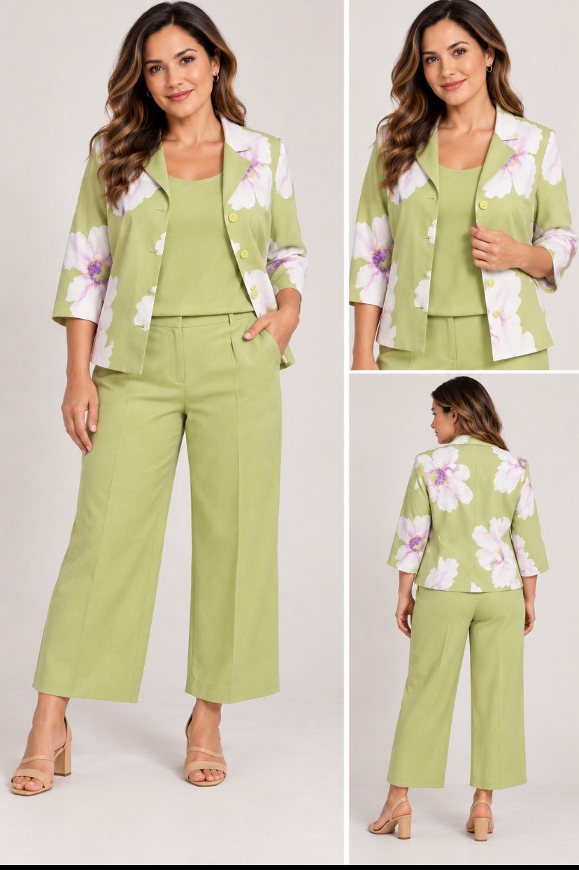 Emma James Blazer Jacket Womens  set 3 pieces Green Floral Lapel Button Front