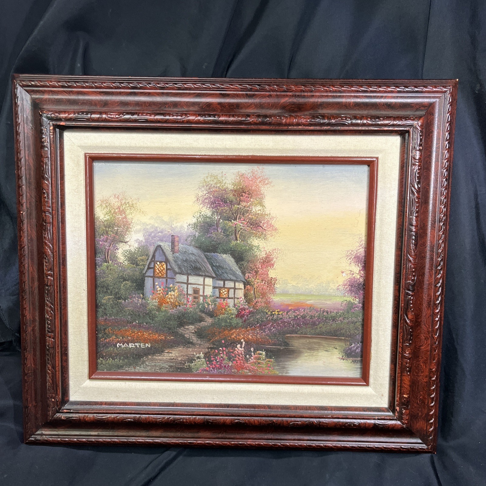 Original Oil On Canvas Painting, Artist MARTEN, Cottage Scene