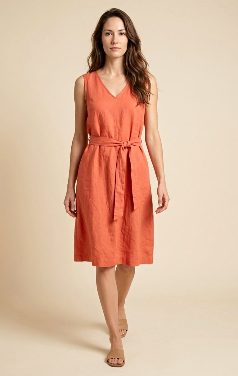 Ann Taylor Factory Orange Solid A-Line Dress Size M Sleeveless V-Neck Tie Knee