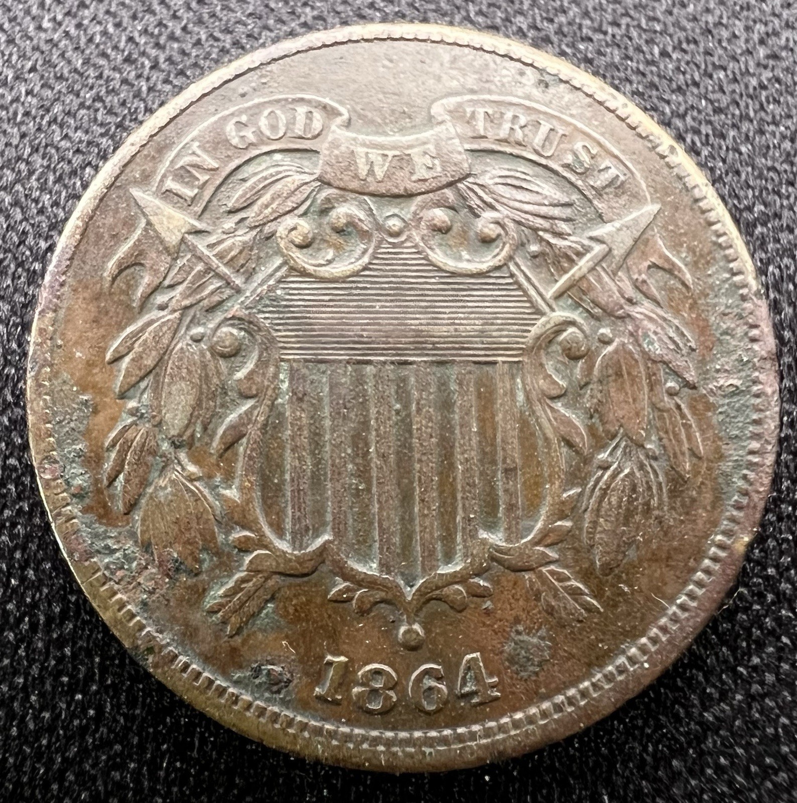 1864 Two Cent Piece Civil War Era 2c Lg Motto - AU+ Choice Brown Tone, Corrosion 1864 Two Cent Piece Civil War Era 2c Lg Motto - AU+ Choice Brown Tone, Corrosion