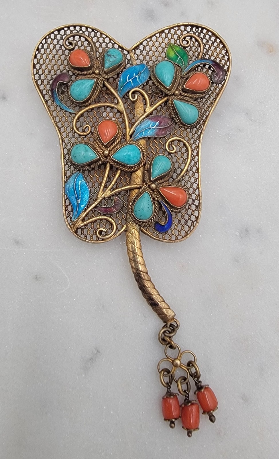 RARE Antique Early Chinese Export Filigree Enamel Turquoise Coral FAN Brooch PIN RARE Antique Early Chinese Export Filigree Enamel Turquoise Coral FAN Brooch PIN
