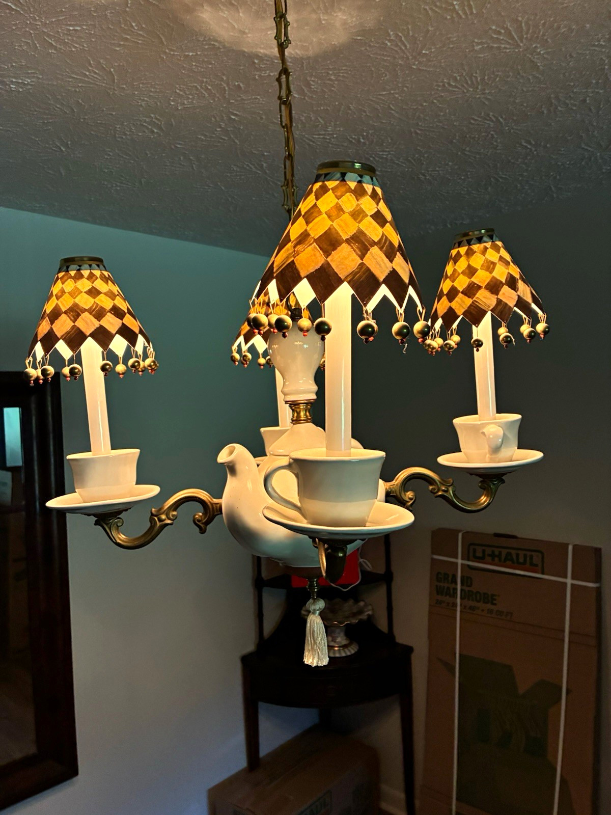 McKenzie Childs 4 light White Ceramic Chandelier, Metal,