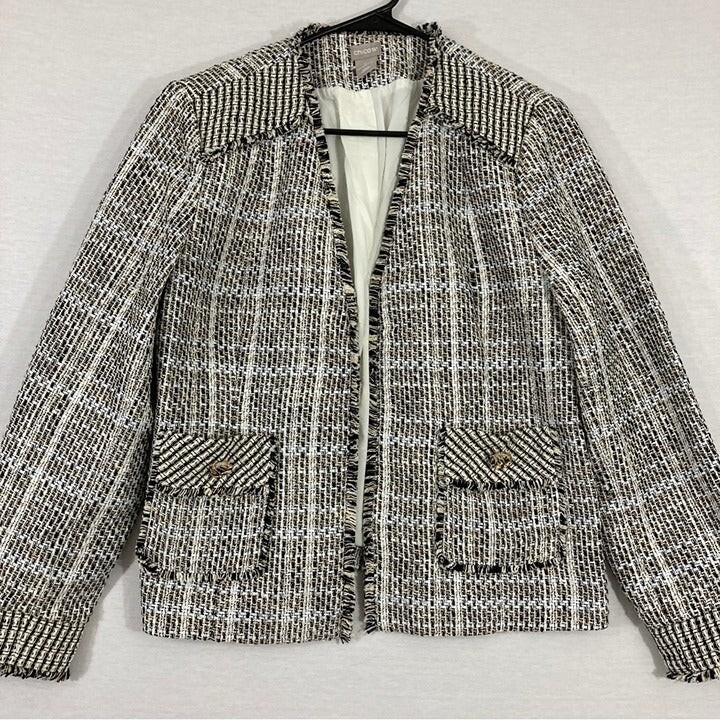 New Chico\'s Tweed Open Front Jacket Size Large Preppy Office Career New Chico\'s Tweed Open Front Jacket Size Large Preppy Office Career