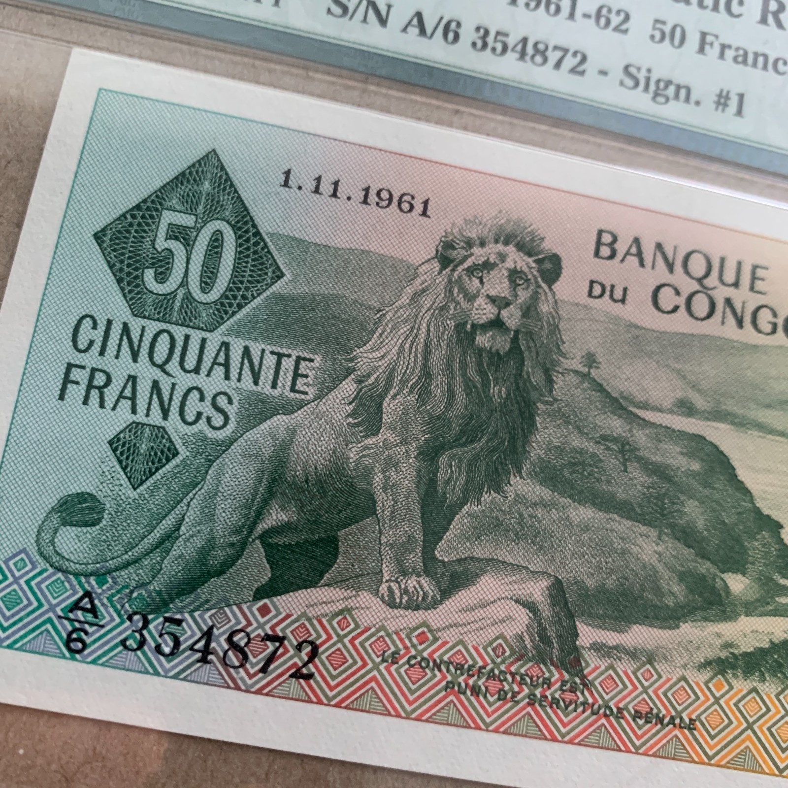 Congo 50 Franc Banknote 1962 P5a UNC PMG 64 EPQ Majestic Lion Currency B999