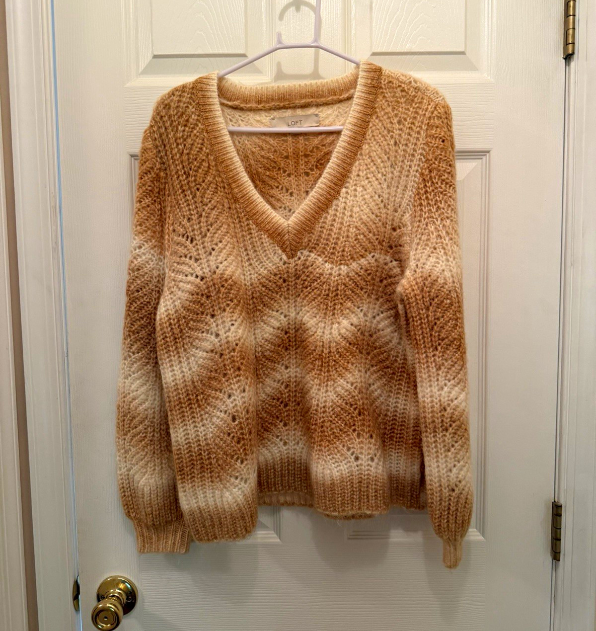 LOFT Brown Ivory Striped Knit Pullover Sweater L V-Neck Long Sleeve